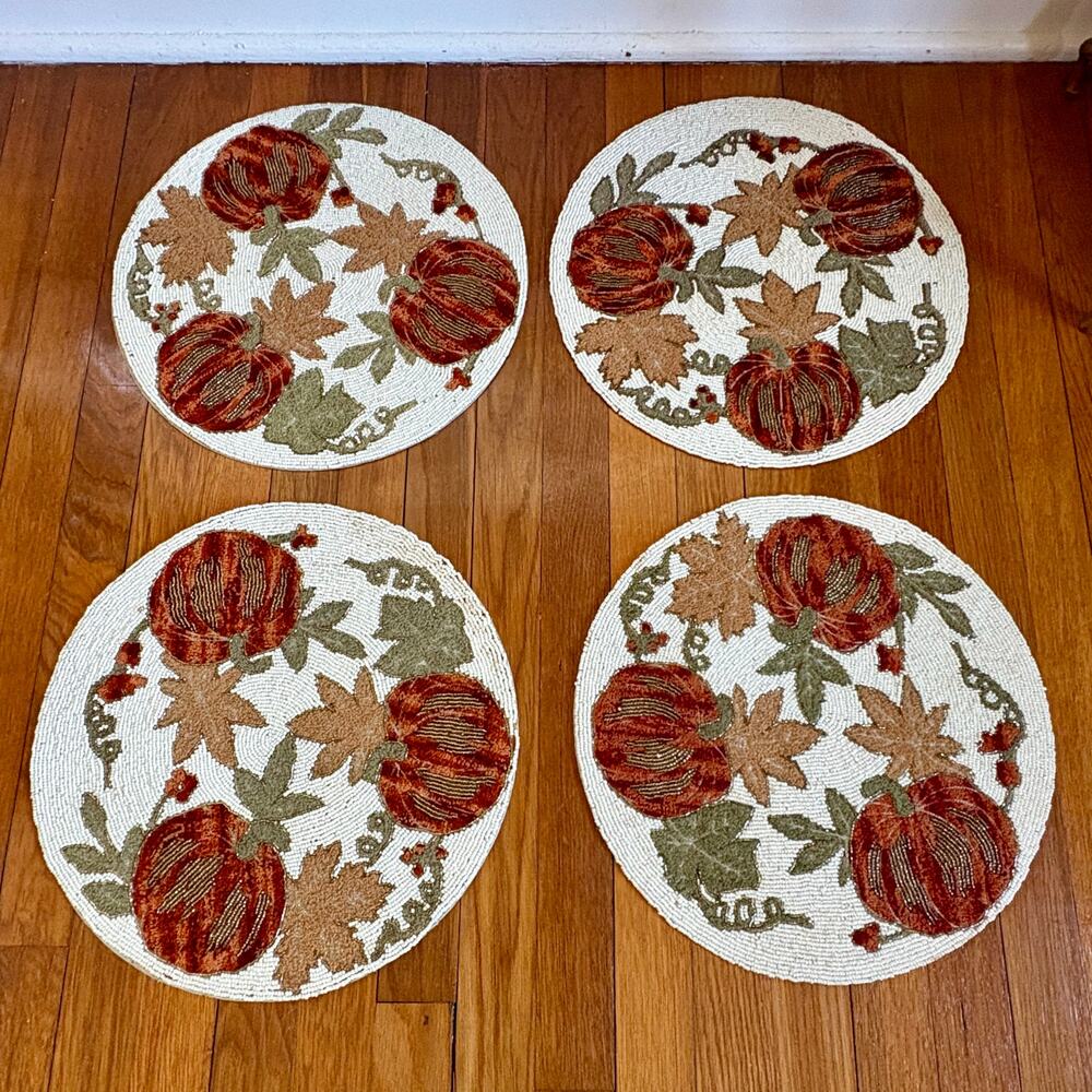 Sigrid Olsen Beaded Pumpkin Placemats Set of 4 Fall Thanksgiving Decor